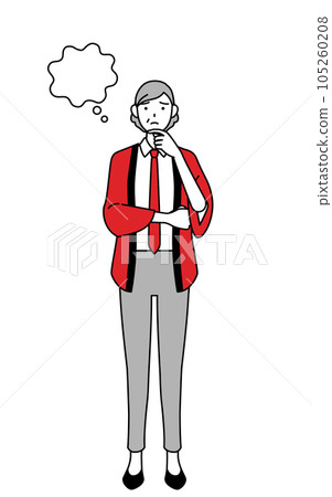 A senior saleswoman wearing a red happi coat thinking while scratching her face 105260208