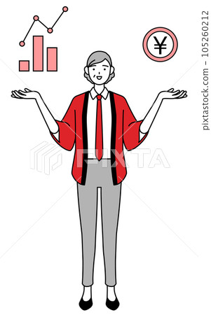 An image of DX, a senior female salesperson wearing a red happi coat to guide the improvement of performance and sales 105260212
