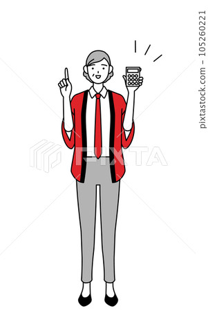 A senior female salesperson wearing a red happi coat pointing with a calculator A senior female salesperson wearing a red happi coat pointing with a calculator 105260221