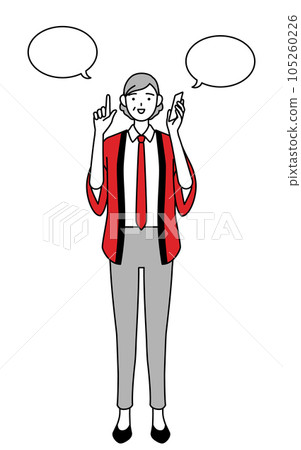 A senior female salesperson wearing a red happi coat pointing while making a phone call 105260226