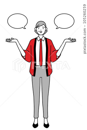 A senior female salesperson wearing a red happi coat with a balloon and making a comparison 105260259