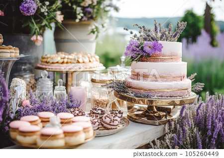 Wedding cake with lavender floral decor, party celebration and holiday dessert in a countryside garden, event food catering, country cottage style, generative ai 105260449