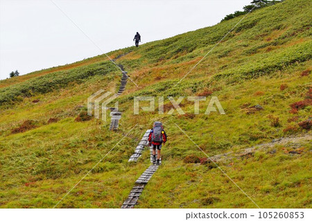 Climbers walking on the wooden path leading to Tamagoseki on Mt. Hiragatake 105260853