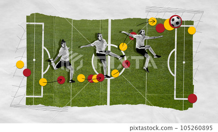 Game strategy. Young guy, football player in motion, hitting ball on sports field. Movements. Contemporary art collage. 105260895