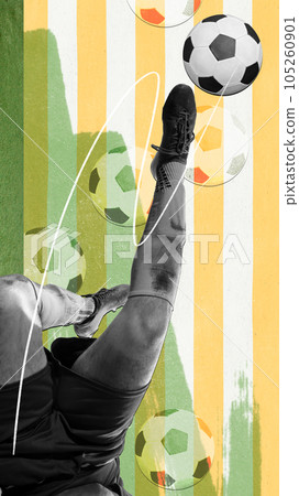 Vertical design with male legs, football player in motion, hitting ball during match. Contemporary art collage. 105260901