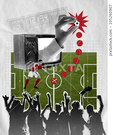 Football match translation. Young man, athlete playing soccer. Football fans cheering up favorite team and sportsman. Contemporary art collage. 105260907