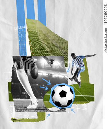 Creative design with young competitive man, professional football, soccer player in motion during match. Contemporary art collage. Creative design with young competitive man, professional football, soccer player in motion during match. Contemporary art collage. 105260908