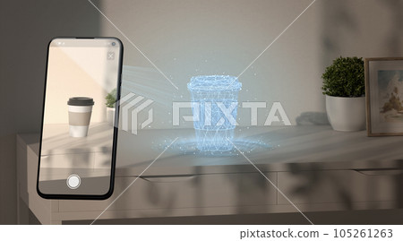 White cup hologram stand on table phone display augmented reality White cup hologram stand on table phone display augmented reality 105261263