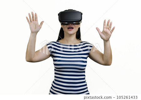 Portrait of amazed surprised woman having vr experience in headset. Both hands up. Isolated on white. 105261433