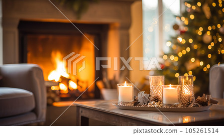 Christmas, holiday decor and country cottage style, cosy atmosphere, decorated Christmas tree in the English countryside house living room with fireplace, interior decoration 105261514