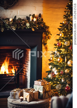 Christmas, holiday decor and country cottage style, cosy atmosphere, decorated Christmas tree in the English countryside house living room with fireplace, interior decoration 105261518
