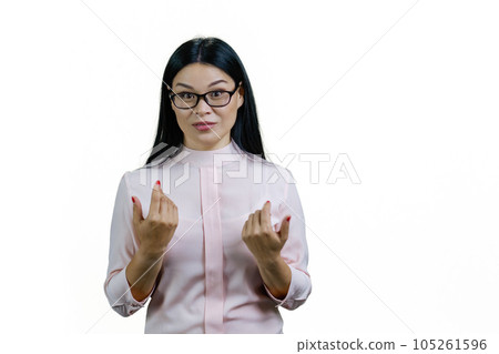 Portrait of asian businesswoman is excusing for something. Isolated on white. 105261596