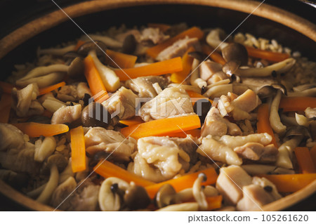 Chicken and carrot rice cooked in a clay pot 105261620