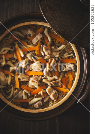 雞肉胡蘿蔔飯用砂鍋煮 雞肉胡蘿蔔飯用砂鍋煮 105261625