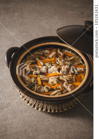 Chicken and carrot rice cooked in a clay pot 105261631