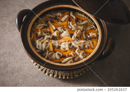 Chicken and carrot rice cooked in a clay pot 105261637