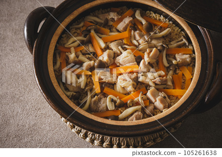 Chicken and carrot rice cooked in a clay pot 105261638