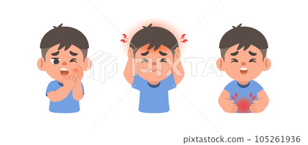 a Asian boy has a toothache, headache, stomachache. illustration cartoon character vector design on white background. kid and health care concept. 105261936