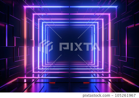 Abstract neon light geometric background. Glowing neon lines. Empty futuristic stage laser. Colorful rectangular laser lines. Square tunnel. Night club empty room. Laser show design. Generative AI. 105261967