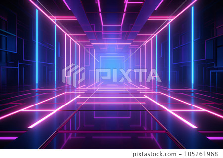 Abstract blue pink neon light background. Glowing neon lines. Geometric tunnel portal neon light. Rectangular laser lines. Night club room interior. Stage laser show. LED technology. Generative AI. Abstract blue pink neon light background. Glowing neon lines. Geometric tunnel portal neon light. Rectangular laser lines. Night club room interior. Stage laser show. LED technology. Generative AI. 105261968