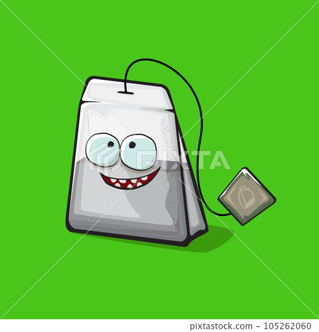Tea bag character. Cartoon tea bag isolated on green background. Funky paper tea bag character with eyes and mouth. Vector white teabag clip art, emoji, label and sticker Tea bag character. Cartoon tea bag isolated on green background. Funky paper tea bag character with eyes and mouth. Vector white teabag clip art, emoji, label and sticker 105262060