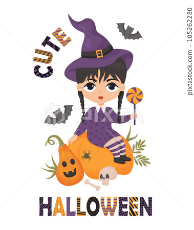 Cute Halloween Postcard. Witch girl with braids in hat with lollipop, pumpkin jack o lantern, skull and bats. Vector illustration in cartoon style. holiday fantasy female character, kids collection. Cute Halloween Postcard. Witch girl with braids in hat with lollipop, pumpkin jack o lantern, skull and bats. Vector illustration in cartoon style. holiday fantasy female character, kids collection. 105262280