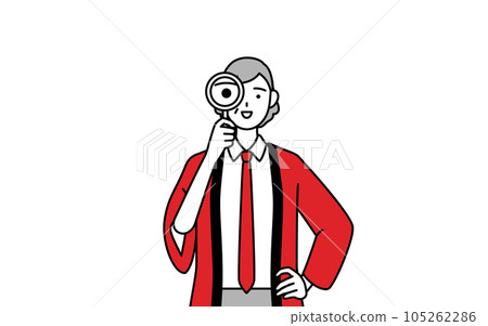 A senior saleswoman wearing a red happi coat looking through a magnifying glass A senior saleswoman wearing a red happi coat looking through a magnifying glass 105262286