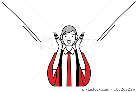 A senior saleswoman wearing a red happi coat with her hand on her mouth A senior saleswoman wearing a red happi coat with her hand on her mouth 105262289