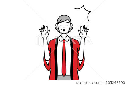 A senior female salesperson wearing a red happi coat raising her hand in surprise A senior female salesperson wearing a red happi coat raising her hand in surprise 105262290