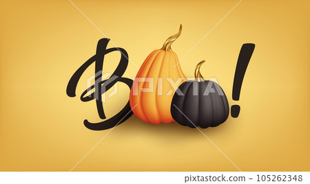 3d realistic festive Halloween Illustration. Word Boo, orange and black Halloween pumpkins. Vector Illustration 3d realistic festive Halloween Illustration. Word Boo, orange and black Halloween pumpkins. Vector Illustration 105262348