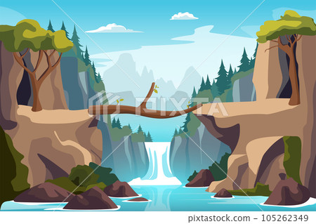 Cartoon Color Log Bridge Landscape Scene Adventure, Travel and Tourism Concept Flat Design Style. Vector illustration Cartoon Color Log Bridge Landscape Scene Adventure, Travel and Tourism Concept Flat Design Style. Vector illustration 105262349