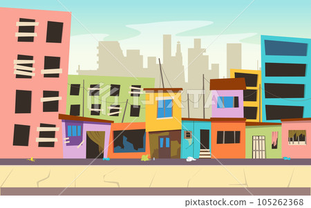 Cartoon Color Ghetto Street with Pour Dirty Houses Landscape Scene Poverty Concept. Vector illustration of Slum Cartoon Color Ghetto Street with Pour Dirty Houses Landscape Scene Poverty Concept. Vector illustration of Slum 105262368