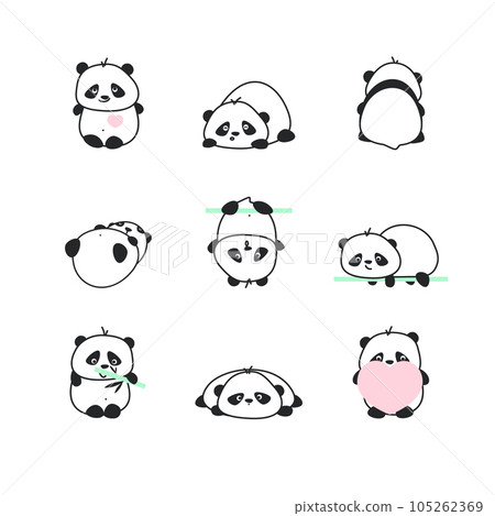 Cartoon Color Characters Cute Panda Bear with Different Expressions Set Concept Flat Design Style. Vector illustration of Mascot 105262369