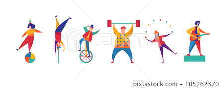 Cartoon Color Characters People Circus Funny Artists Concept Flat Design Style Include of Juggler and Strongman Performer. Vector illustration Cartoon Color Characters People Circus Funny Artists Concept Flat Design Style Include of Juggler and Strongman Performer. Vector illustration 105262370