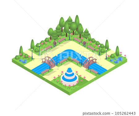 Color Public City Park with River and Wood Bridge Recreation Area Concept Isometric View Element. Vector illustration Color Public City Park with River and Wood Bridge Recreation Area Concept Isometric View Element. Vector illustration 105262443
