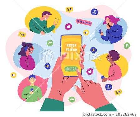 Cartoon Color Characters People and Refer a Friend Concept. Vector illustration of Hands Hold a Mobile Phone with Contacts 105262462