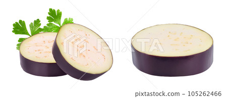 Eggplant or aubergine slices isolated on white background with full depth of field 105262466