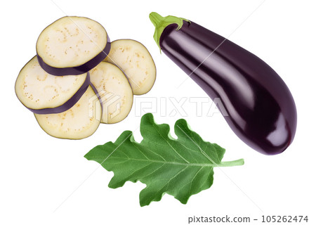 Eggplant or aubergine slices isolated on white background with full depth of field. Top view. Flat lay. 105262474