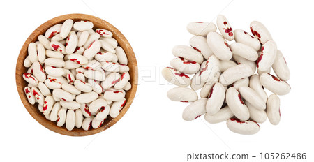variegated kidney bean in wooden spoon isolated on white background. Top view. Flat lay variegated kidney bean in wooden spoon isolated on white background. Top view. Flat lay 105262486