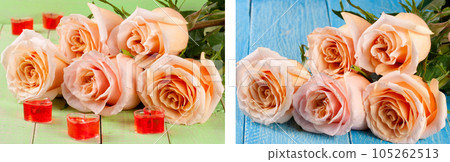 five beige rose with candles in the shape of heart on a green wooden background 105262513