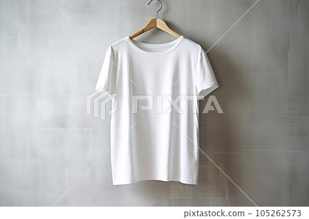 A white T-shirt is hanging on a hanger. A white T-shirt is hanging on a hanger. 105262573