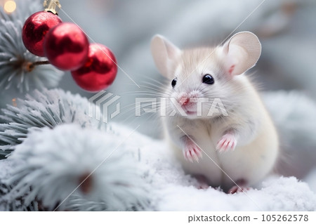 A mouse near a Christmas tree in the snow A mouse near a Christmas tree in the snow 105262578