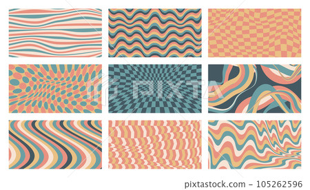 Groovy background set. 70s psychedelic abstract wallpaper with hippie flowery patterns, retro 70s decorative backdrop for banner design. Vector collection Groovy background set. 70s psychedelic abstract wallpaper with hippie flowery patterns, retro 70s decorative backdrop for banner design. Vector collection 105262596
