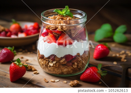 Granola with yogurt and strawberries in a glass. Granola with yogurt and strawberries in a glass. 105262613
