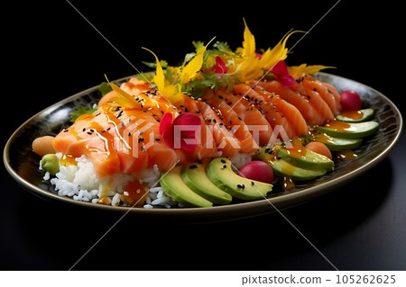 Dish with rice, red fish and avocado Dish with rice, red fish and avocado 105262625