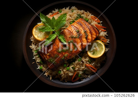 Grilled salmon steak with rice and lemon is in a plate with chili pepper Grilled salmon steak with rice and lemon is in a plate with chili pepper 105262626