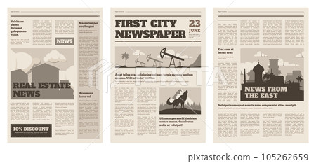 Newspaper mockup. Vintage press grid with pressed text and cover, daily tabloid layout design with press sheets. Vector illustration 105262659