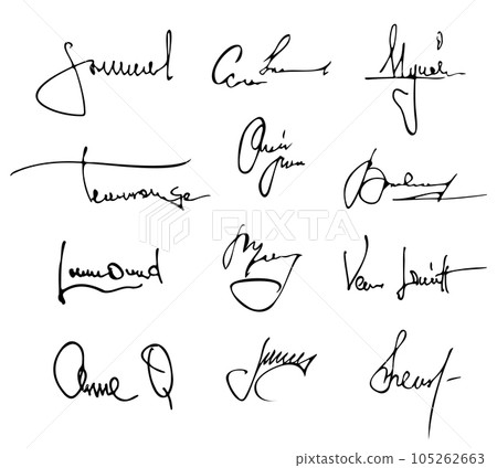 Handwritten signature. Doodle name autograph sketch for diploma and certificate. Hand drawn name on document vector set Handwritten signature. Doodle name autograph sketch for diploma and certificate. Hand drawn name on document vector set 105262663
