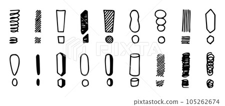 Exclamation marks set. Different types of punctuation marks black painted icons and symbols, alert punctuation mark icons. Vector isolated collection Exclamation marks set. Different types of punctuation marks black painted icons and symbols, alert punctuation mark icons. Vector isolated collection 105262674