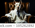 Portrait of a man in a white business suit with a dog's head sitting in an armchair. The concept of trust and reliability 105262892
